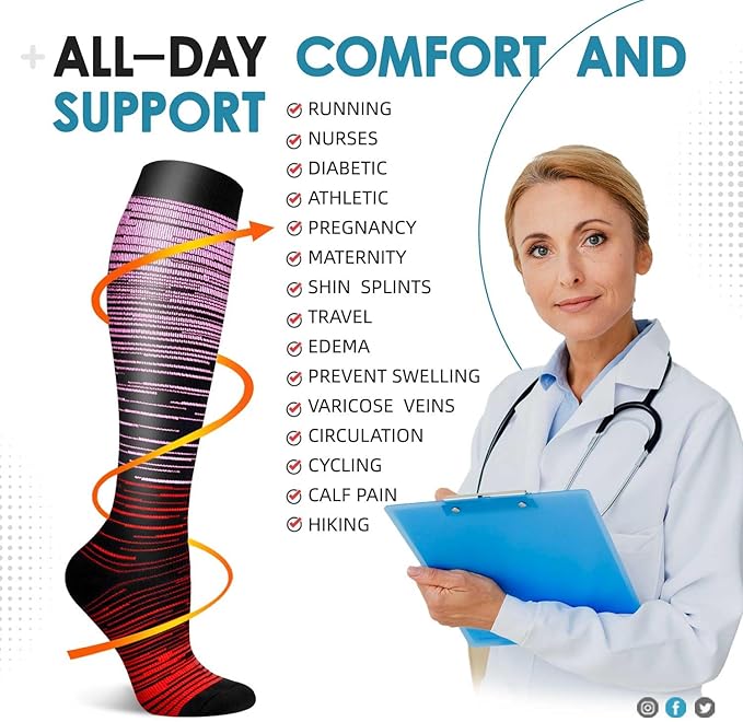 Graduated Compression Socks for Women&Men 20-30mmhg Knee High Socks Travel Hiking Running Stocking
