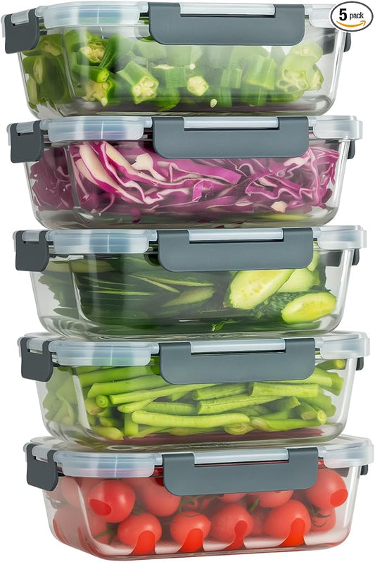 5 PACK 36 oz Glass Meal Prep Containers, Glass Food Containers with Snap-Lock Lids, Airtight Lunch Containers, Microwave, Oven, Refrigerator and Dishwasher Safe,Gray