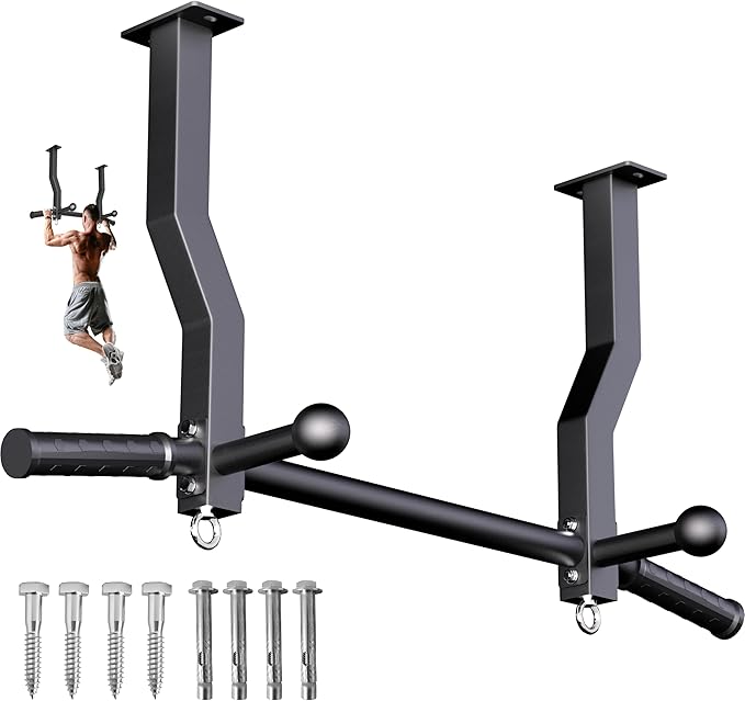 Pull Up Bar Ceiling Mount, 600LBS Heavy Duty Multi Grip Chin Up Bar, 24"/16" Rafter PullUp Bar, Ceiling Beam for Gym/Garage/Basement with Ball Finger & Round Anchors, Easy to Install