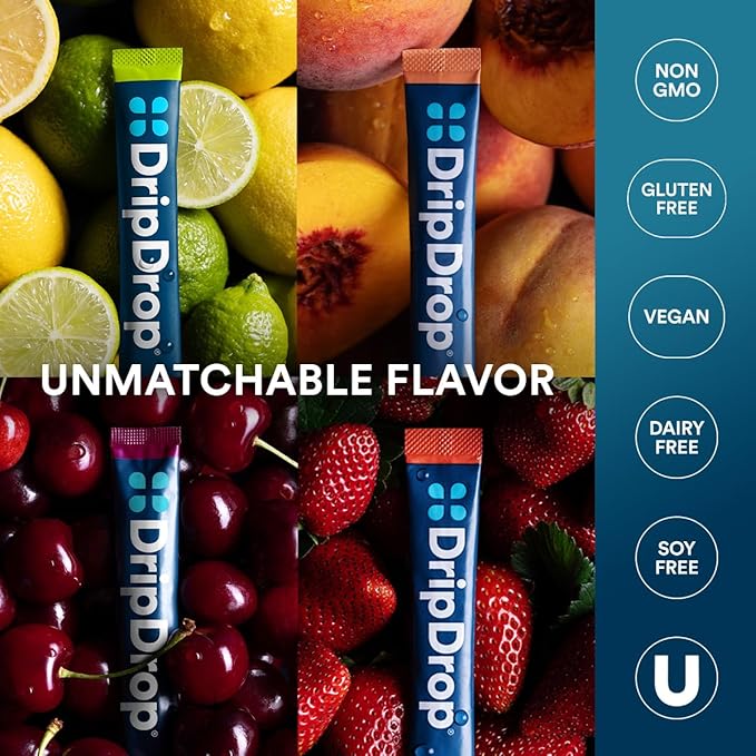 DripDrop Hydration Packets - Sunburst Variety Pack - Single Serve Electrolytes Powder Drink Mix - Lemon Lime, Strawberry, Peach, Black Cherry - Non-GMO, Gluten Free, Vegan - 32 Sticks