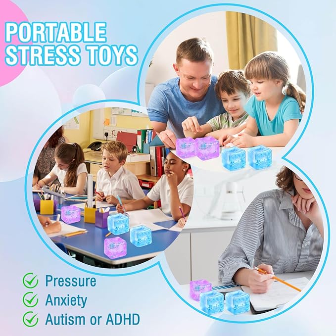 Fidget Toy for All Ages: 2 Pack Soft Sensory Fidget Ice Cube Stress Ball Squishy Cube Stress Relief Toys for Kids, Teens and Adults Party Favors, Birthday Gift for Kids Age 3+, Blue Purple
