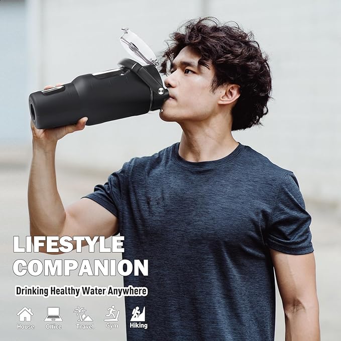 BLUEGO 40 oz Glass Water Bottle with Straw, Leakproof Glass Drinking Bottle with Time Marker and Silicone Sleeve, Wide Mouth Water Bottle for Travel, Gym, Workout, Black