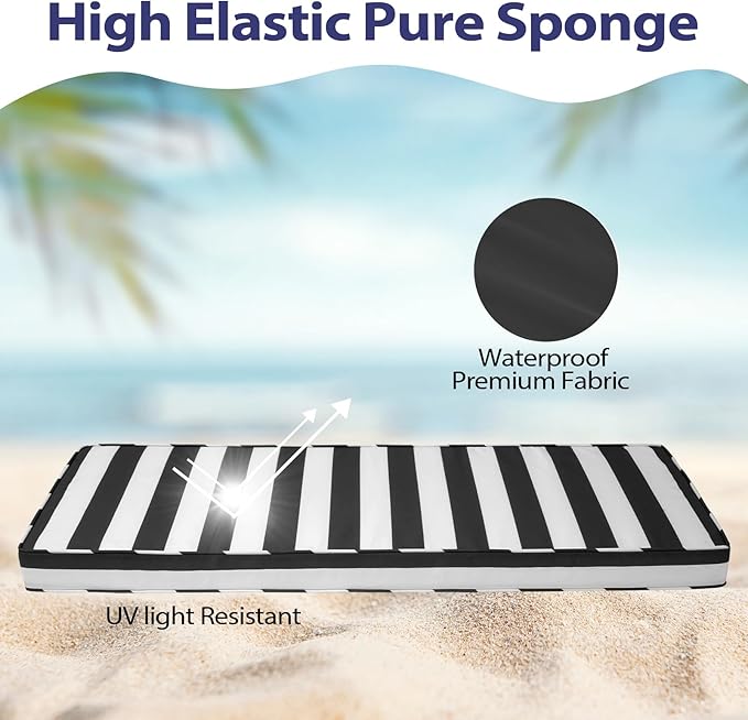 Outdoor Bench Cushion 48x16x3 Inch with Ties, Thick Waterproof Porch Swing Cushions for Patio Furniture Chair Pad, Seat Sofa Garden Replacement Cushion Sponge Filling (Black&white Stripes, 48x16)