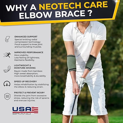 NeoTech Care Elbow Support Brace - Breathable - Men, Women, Right or Left (Green Color, Size L, 1 Unit)