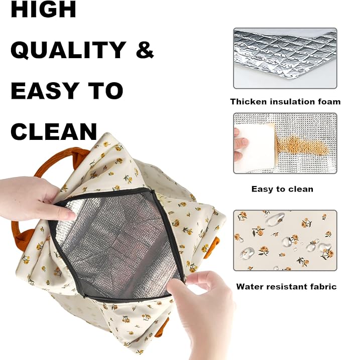 Joymee Lunch Bag Women Insulated Lunch Box Reusable Leakproof Large Spacious Cooler Tote for Women Men Adult with Bottle Holder and Side Pockets for Work Office Travel Picnic - Yellow Little Floral