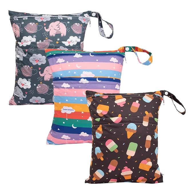 babygoal Wet Dry Bags 3 Pack for Baby Cloth Diapers, Washable Travel Bags, Beach, Pool, Gym Bag for Swimsuits & Wet Clothes with Two Zippered Pockets 3LN27