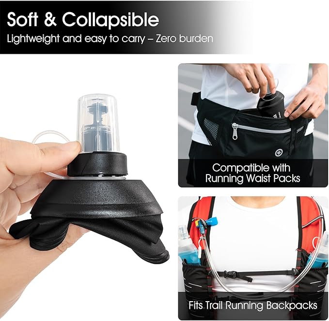GYGYL Soft Flask, TPU Collapsible Soft Water Bottle for Hydration Pack, Running Vest, Leak-Proof Folding Water Bottle for Hiking Cycling Climbing Jogging-250ml Black