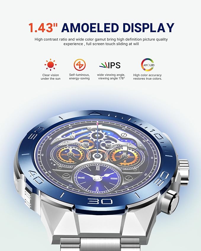 SOUYIE Smart Watch for Men,1.43''AMOLED Screen with 24 Hours Healthy Monitor, 100+ Sports Modes Fitness Tracker Watch, 400mAh Battery Pedometer Calorie Smartwatch Compatible Android iOS