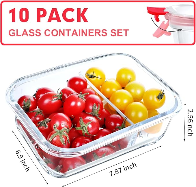 VERONES 10 Pack Meal Prep Containers - 2 Compartment Set, 36OZ Airtight Glass Lunch Containers, Microwave, Oven, Freezer & Dishwasher Safe, Red