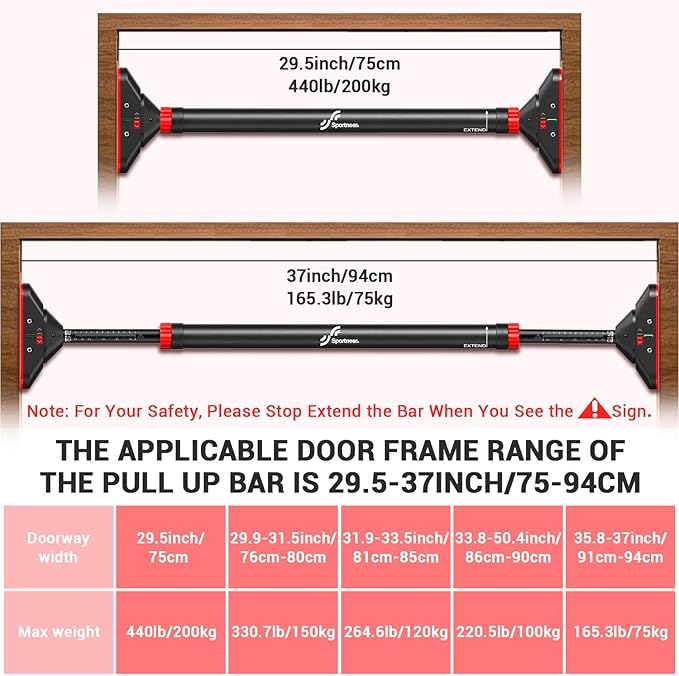 Pull Up Bar for Doorway: Sportneer Strength Training Pull-up Bars without Screw - Adjustable Width Locking Mechanism Chin Up Bar, Thickened Steel Max Limit 440 lbs Upper Body Fitness Pullup Bars for Home (Black-Red)