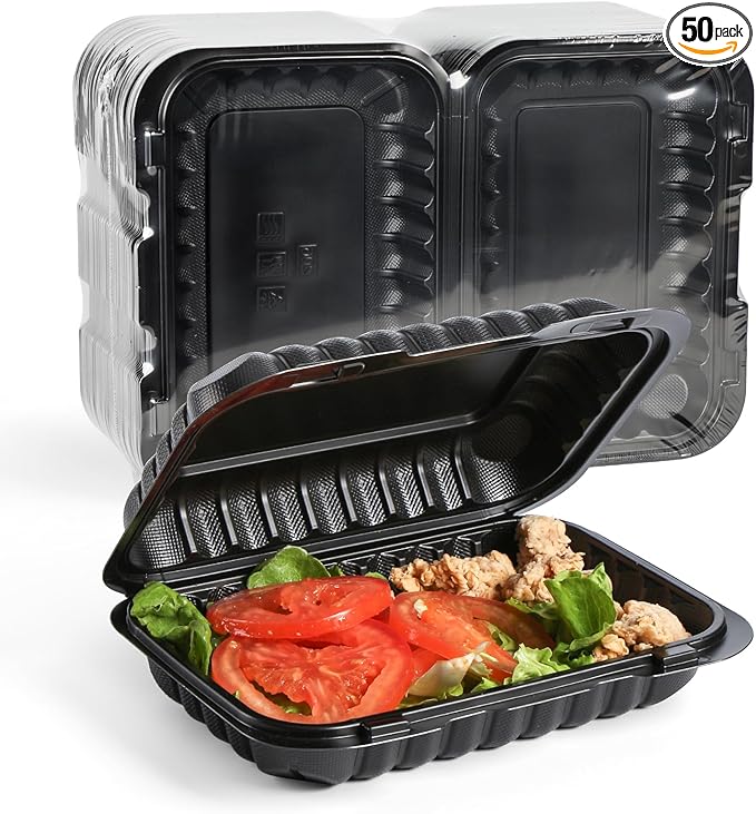 YANGRUI Takeout Containers 9x6 28 oz 50 Pack - Shrink Wrapped Mineral-Filled BPA Free PP Plastic | Reusable Heavy Duty Microwave & Freezer Safe | Restaurant Grade Black Clamshell Food Container