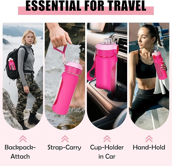 ANOTION 24OZ Glass Water Bottle, Large Sports Water Bottle with Dual-Drink Lid Clear Leakproof Glass Bottles with Straw, Motivational Jug with Silicone Sleeve and Time Marker for Travel Gym-Pink