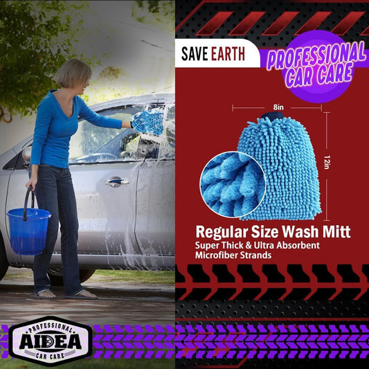 AIDEA Car Wash Mitt Microfiber 2PK, Scratch-Free& Lint-Free, Premium Chenille Microfiber Wash Mitt-Blue Extra Large Size (8''X12'')