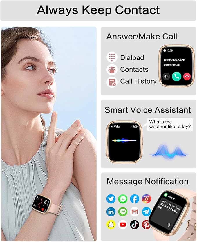 Smart Watches for Women, 1.75" Bluetooth Call, AI Voice Smartwatch, 24/7 Heart Rate Monitor, Blood Pressure/SpO2/Sleep Tracker, IP68 Waterproof, 100+ Sports Fitness Tracker for Android iOS Pink
