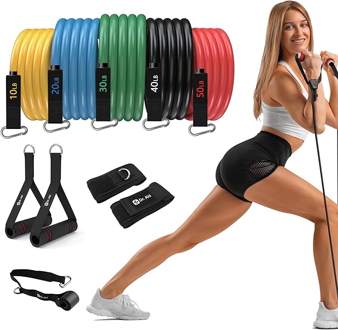Dr. Aid Resistance Bands Set – 5 Stackable Workout Bands with Handles, Pure Latex, High Elasticity & Tear Resistant – Smell-Free Full-Body Exercise Bands for Rehab, Basic Training & Strength Workouts