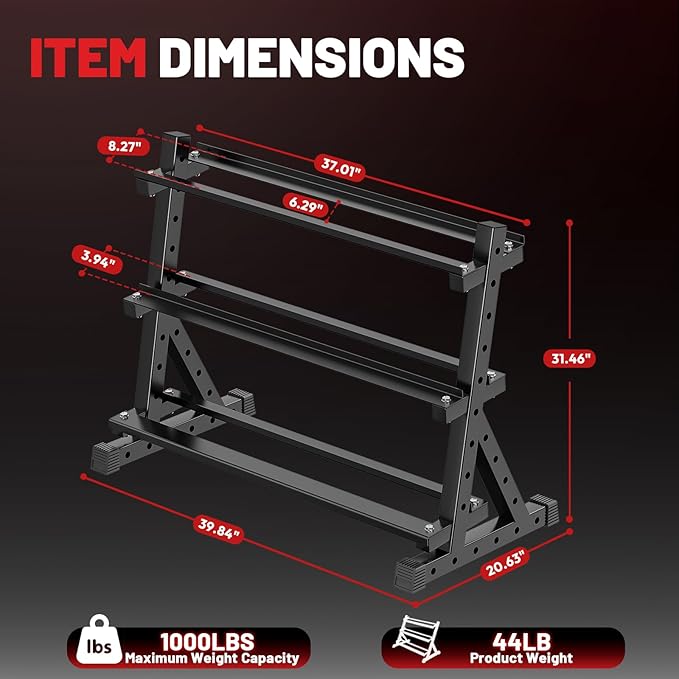 Papababe Dumbbell Rack for Home Gym, 3-Tier Weight Rack 1000lbs Capacity Dumbbell Storage Rack, Heavy Duty Weight Storage Organizer for Dumbbells and Kettlebells