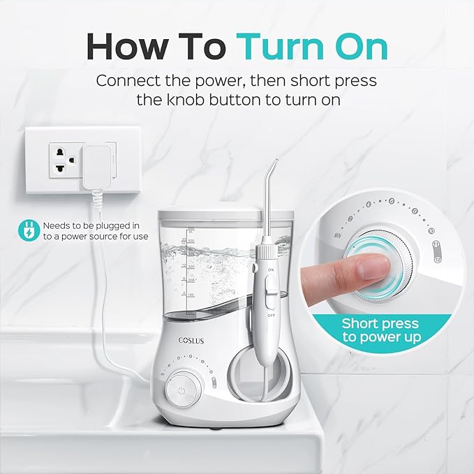 COSLUS Electric Water Flosser for Teeth: Professional Dental Pick for Orthodontic, Sensitive Gums, Braces - 12 Pressure Settings & 5 Multi-Functional Tips for Multiple Users, Home Use, White, E1