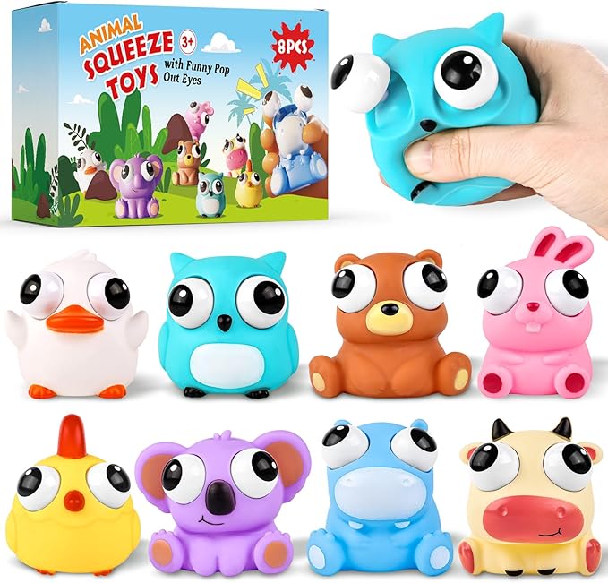 8 Pack Animal Squishy Fidget Toys, Cute Squishies Toys for Kids Adults, Pop Out Eyes Toy, Popping Eye Stress Relief Toy, Easter Basket Stuffers, Party Favors, Goodie Bag Stuffers and Classroom Prizes