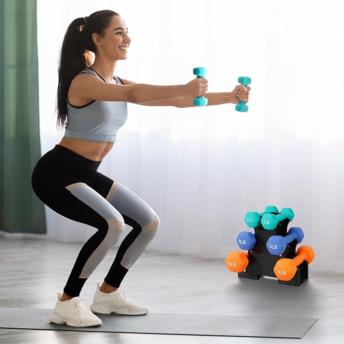 Neoprene Dumbbell Set for Women 2-5 lb | 3 Pairs Hand Weights Set with Rack, Hex Anti-Roll, Color-Coded Home Gym Gifts