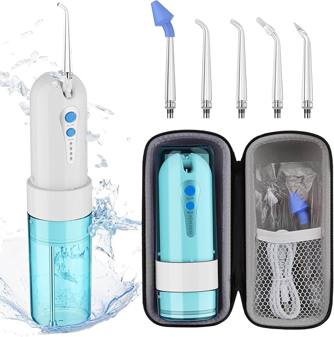 Water Dental Flosser for Teeth Cleaning and Flossing with Travel Size Case โ Rechargeable Oral Irrigator, KOOVON Portable Water Flosser for Adults, IPX7 Waterproof, 5 Jet Tips & 4 Modes, Blue