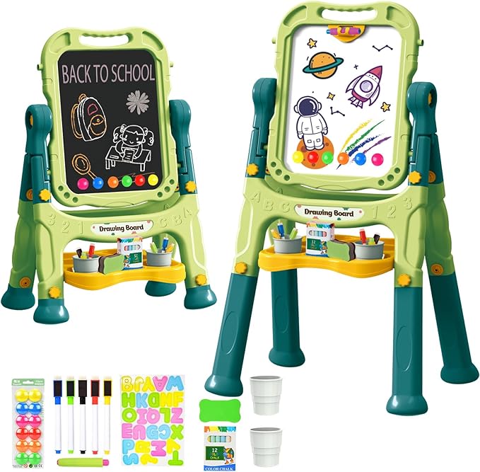 Amagoing Easel for Kids, Adjustable Standing Art Easel for Toddler, Double Magnetic Drawing Board with Painting Accessories, Birthday Christmas Gift for Little Boys and Girls, Middle Size (Green)