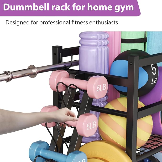 Dumbbell Rack Weight Rack Storage-Large Dumbbells Rack Home Gym Storage,Multilevel Workout Storage Organizer with Wheels and Barbell Holder,Perfect for Yoga Mat Balls Kettlebells and Fitness Gear,black