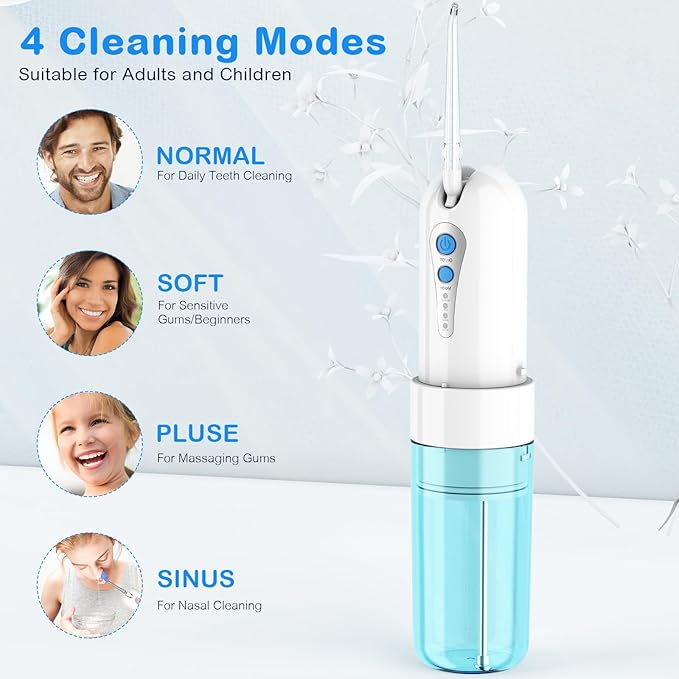 Water Dental Flosser for Teeth Cleaning and Flossing with Travel Size Case โ Rechargeable Oral Irrigator, KOOVON Portable Water Flosser for Adults, IPX7 Waterproof, 5 Jet Tips & 4 Modes, Blue