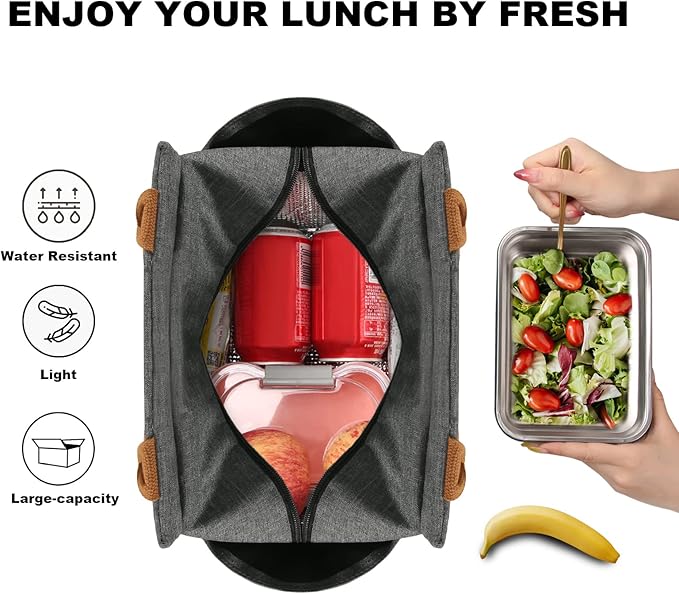 Joymee Lunch Bag Women Insulated Lunch Box Reusable Leakproof Large Spacious Cooler Tote for Womens Mens Adults with Bottle Holder and Side Pockets for Work Office Travel Picnic -Charcoal Gray