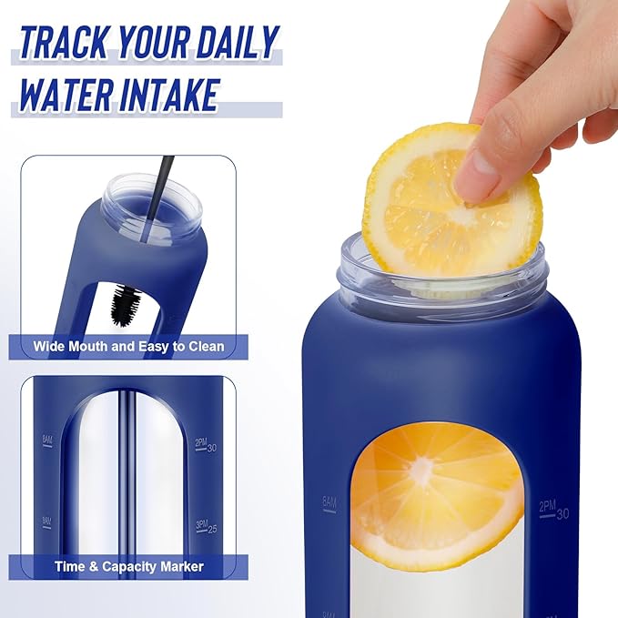 32 oz Glass Water Bottles - 1 Liter Motivational Tumbler Water Bottle Time Marker - Borosilicate Glass Water Bottle With Silicone Sleeve and 2 Lids, Handle Spout & Bamboo Straw Lid