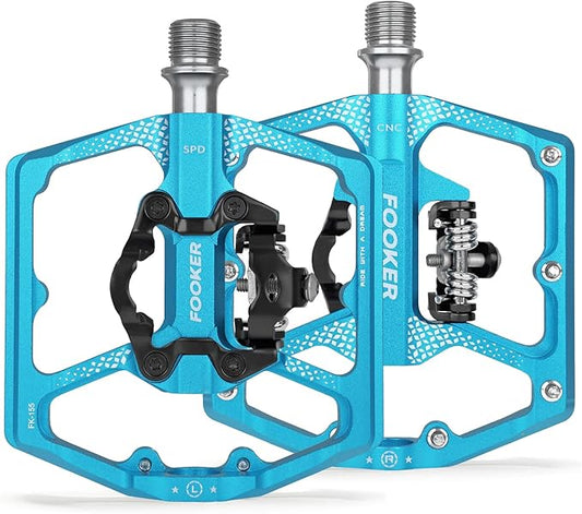 FOOKER MTB Mountain Bike Pedals, Dual Function Flat and Pedal,3 Sealed Bearing Flat Platform Compatible with Clipless Pedal Aluminum 9/16" Pedals with Cleats for Road Mountain BMX MTB