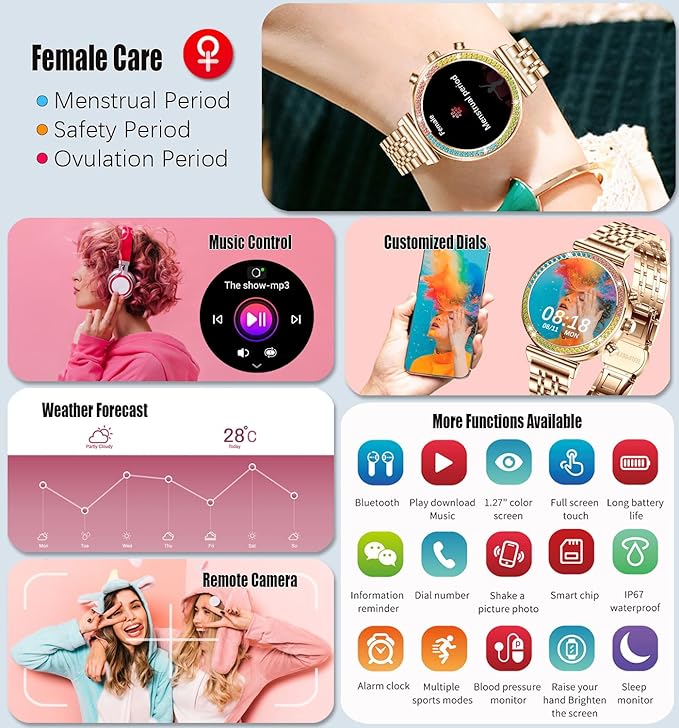 Fitness Smart Watch for Women, 1.27" HD Display, Bluetooth Calls, Waterproof Sports Women's Smartwatch, Heart Rate Monitor, Pedometer – Compatible with Android & iOS (Full Gold)