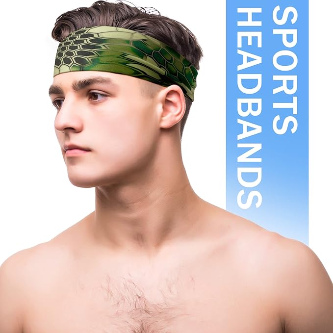 9 pcs Sweatbands for Men Workout Sport Headbands for Men Camo Headband Sweat Absorbing Headband Wide Sweatband for Head Basketball Football Cycling Running Yoga, 4.7 x 9.8 Inch