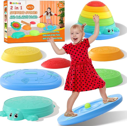 Balance Board & Stepping Stones for Kids - 2-in-1 No-Slip Turtle Stepping Stones and Balance Board for Toddler Balance & Obstacle Course, Indoor & Outdoor Play Toys for Kids and Toddlers