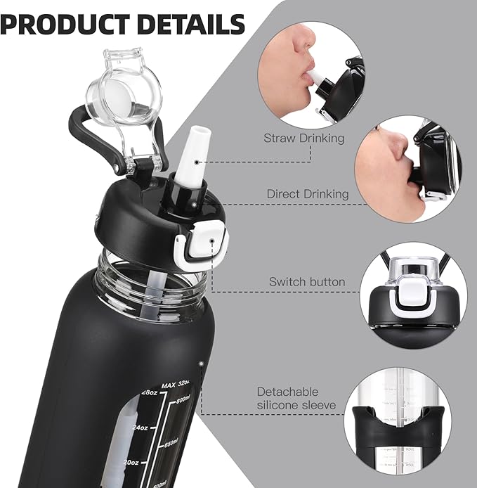 32 oz Glass Water Bolttles with Straw Large Motivational Water Bottle with Time Marker Sports Water Bottles with Silicone Sleeve and Handle Lid Water Jug for Gym Workout