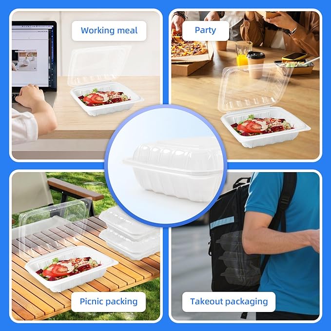 YANGRUI Takeout Containers 8 Inch 34 oz 25 Pack - Reusable Anti Fog Crystal Lid Technology Shrink Wrap To Go Box | BPA Free PP Plastic Freezer & Microwave Safe | White Restaurant Grade Food Container