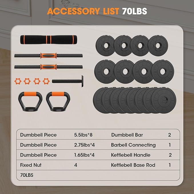 Adjustable Dumbbell Set 20LBS/50LBS/70LBS/90LBS Free Weights Dumbbells,4 in1 Weight Set,Dumbbell, Barbell, Kettlebell, Push-up, Home Gym Fitness Workout Equipment for Men Women