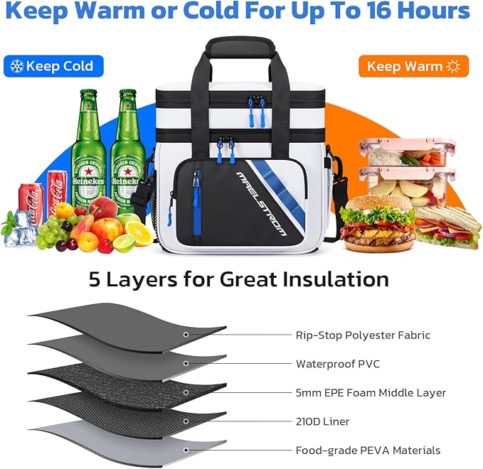 Maelstrom Lunch Box, 20L Insulated Lunch Bag for Men Women, Expandable Double Deck Leakproof Cooler Bag with 6 Pockets, Reusable Lunch Tote Bag for Work, Picnic, Travel, White