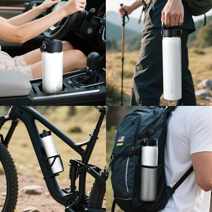 24oz Insulated Travel Water Bottle - Stainless Steel, Leakproof - Keep Hot for 12hrs & Cold for 30hrs - for Outdoors, Sports, Bike, Gym, Marathon - Gift for Women, Men (White)