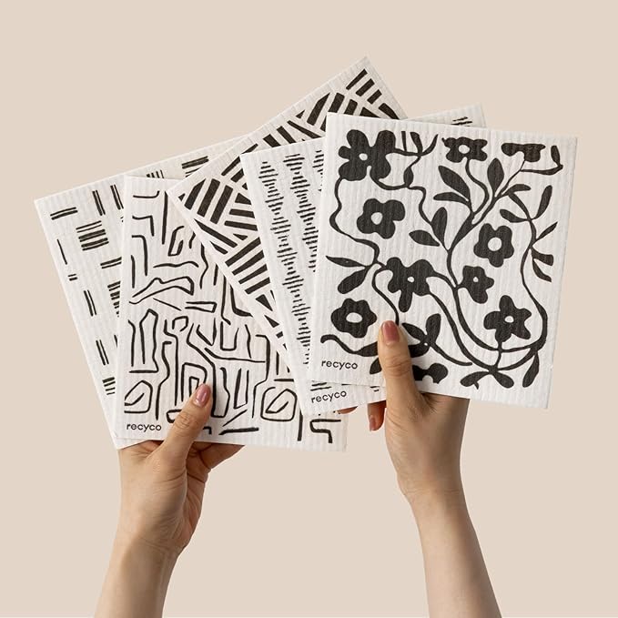 RECYCO Swedish Dishcloths for Kitchen | 5 Pack Black & White Geo Washable Dish Rags | Cellulose Reusable Cleaning Paper Towels | Absorbent Counter Dish Cloth Sponge Kitchen Wipes, 8" L x 7" W