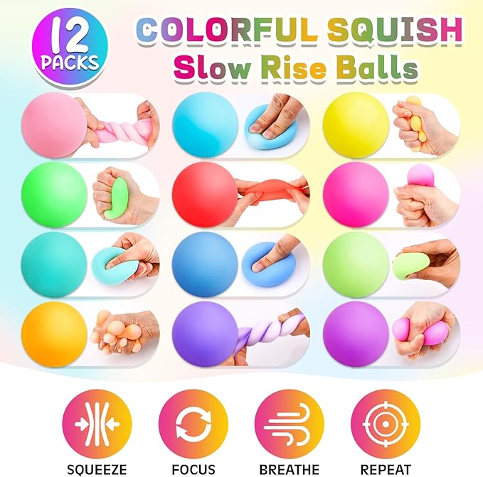 12 Pack Slow Rising Stress Ball,Stress Balls for Kids Adults,Stretchy Fidget Toys for Stress Relief,Hand Therapy Sensory Squishy Ball, Squishy Toys for Kids, Classroom Prize Box Party Favors