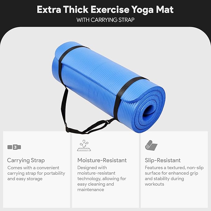 BalanceFrom GoCloud 71" x 24" All-Purpose 1-Inch Extra Thick Double-Sided Non-Slip High Density Anti-Tear Exercise Yoga Mat with Carrying Strap, Gray