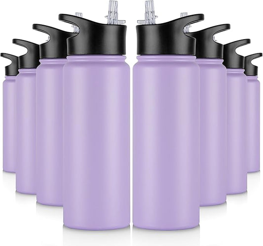 24 oz Insulated Water Bottle Bulk 8 Pack, Stainless Steel Sports Water Bottles with Straw Lid & Wide Mouth Lids, Double Walled Vacuum, Leak Proof, Purple