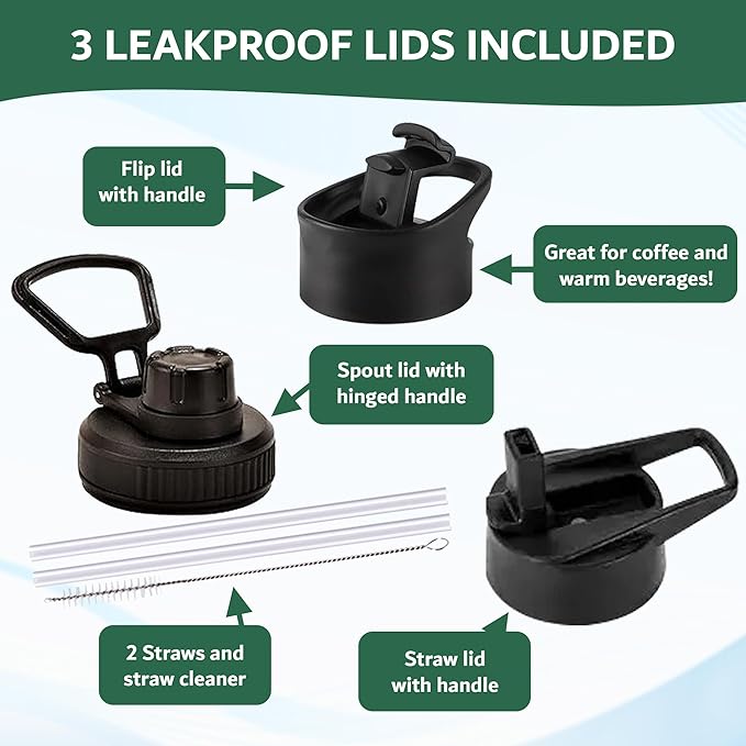 Travel Water Bottle with 3 Lids (Spout, Straw, Flip) Leak Proof, Quality, Vacuum Insulated, Stainless Steel (Twilight, 18 oz)