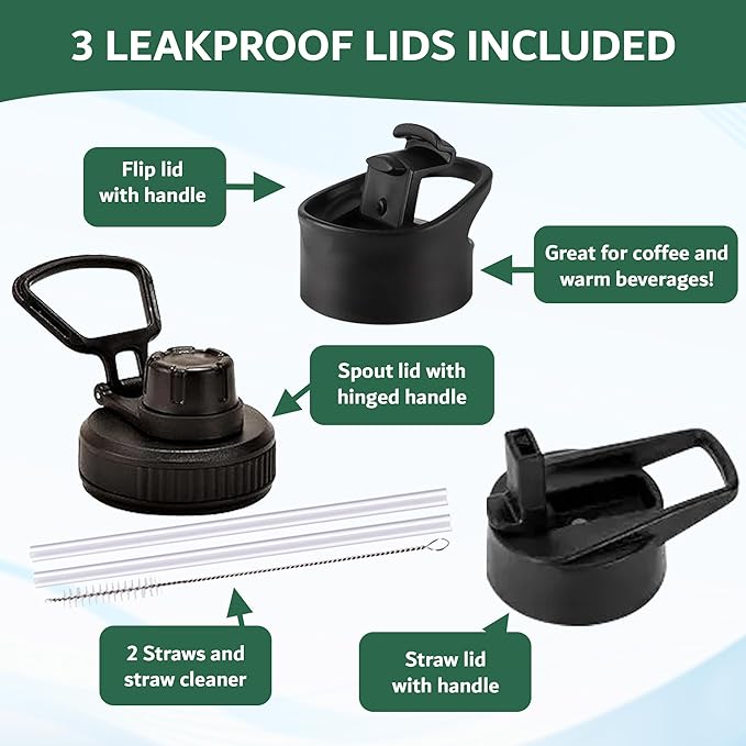 Travel Water Bottle with 3 Lids (Spout, Straw, Flip) Leak Proof, Quality, Vacuum Insulated, Stainless Steel (Cascade Shadow, 18 oz)