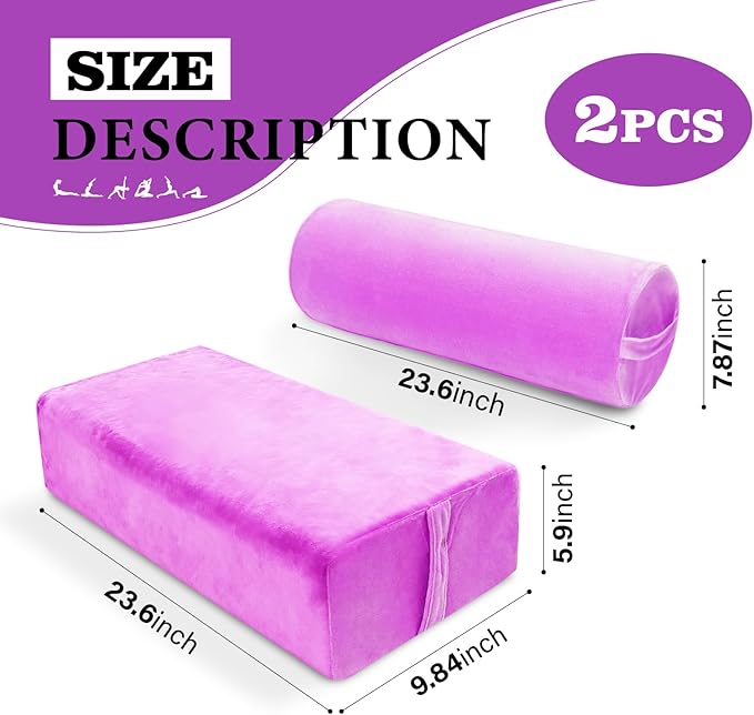 2 PCS Yoga Bolster Pillow Set Washable Velvet Cover Meditation Bolster with High Density Foam and Carry Handle Rectangular and Cylinder Bolsters for Restorative Yoga