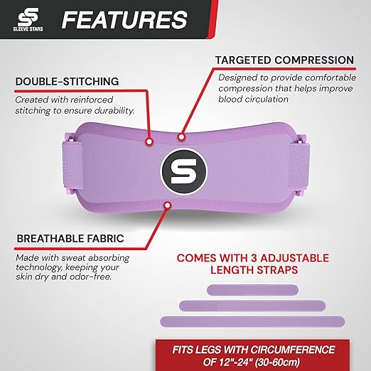 Sleeve Stars Swedish Brand Patellar Tendon Support Strap for Women & Men Effective Osgood Schlatter Knee Brace Youth & Kids Knee Brace with 3 Adjustable Length fits 12"-24" (Pair/Light Purple/Adult)