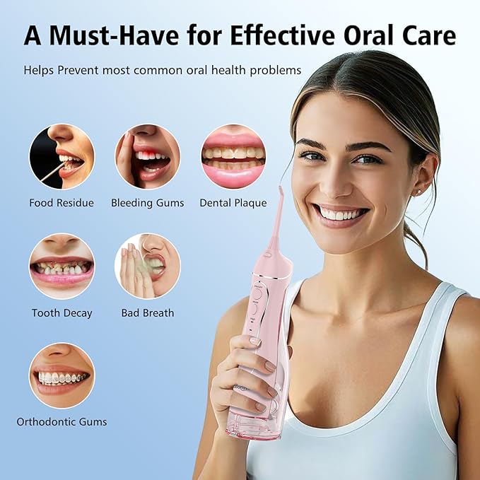 Leominor Water Flosser Pick for Teeth, 300ML Portable Oral Irrigator Upgraded Tank Removable,IPX7 Waterproof, Rechargeable Travel Teeth Cleaner, Professional Electric Flossing Machine (Pink)