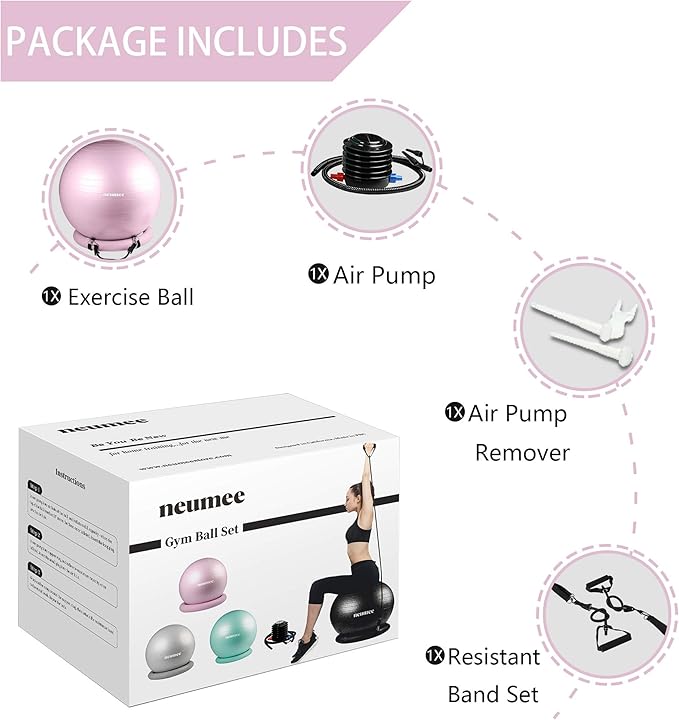 Exercise Ball Chair with Resistance Bands, Yoga Ball Office Chair with Stability Base for Home Gym, Workout Ball for Fitness, Large Size 65 cm