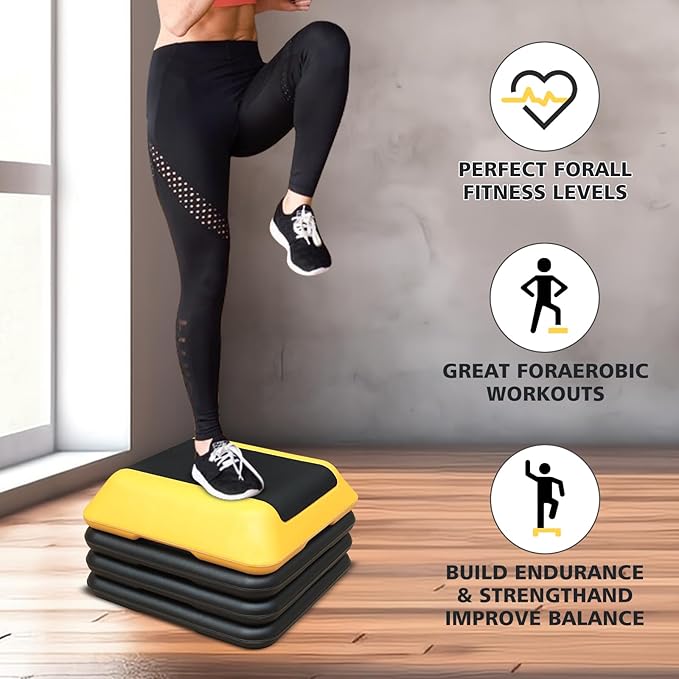 16"x16" Exercise Aerobic Step Platform with 4 Risers, Adjustable Height 4"-6"-8"-10"-12" Workout Stepper for Home Gym Fitness Strength & Training