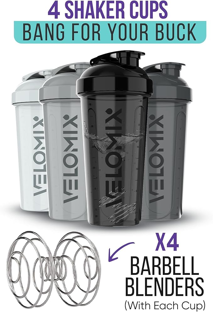 -4 Pack- 28 oz Protein Shaker Bottles for Protein Mixes - 4x Wire Whisk | Leak Proof Shaker Cups for Protein Shakes | Protein Shaker Bottle Pack (Silver Mix)